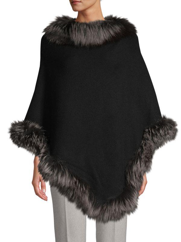 BELLE FARE Silver Fox Fur-Trim Wool-Blend Poncho