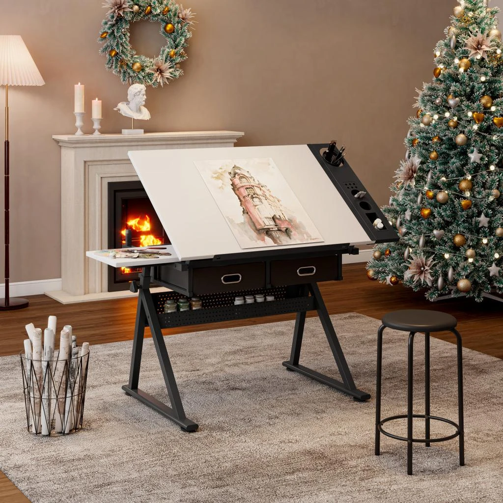 Streamdale Furniture Streamdale Adjustable Drawing Drafting Table Desk with 2 Drawers
Stool (White) 5