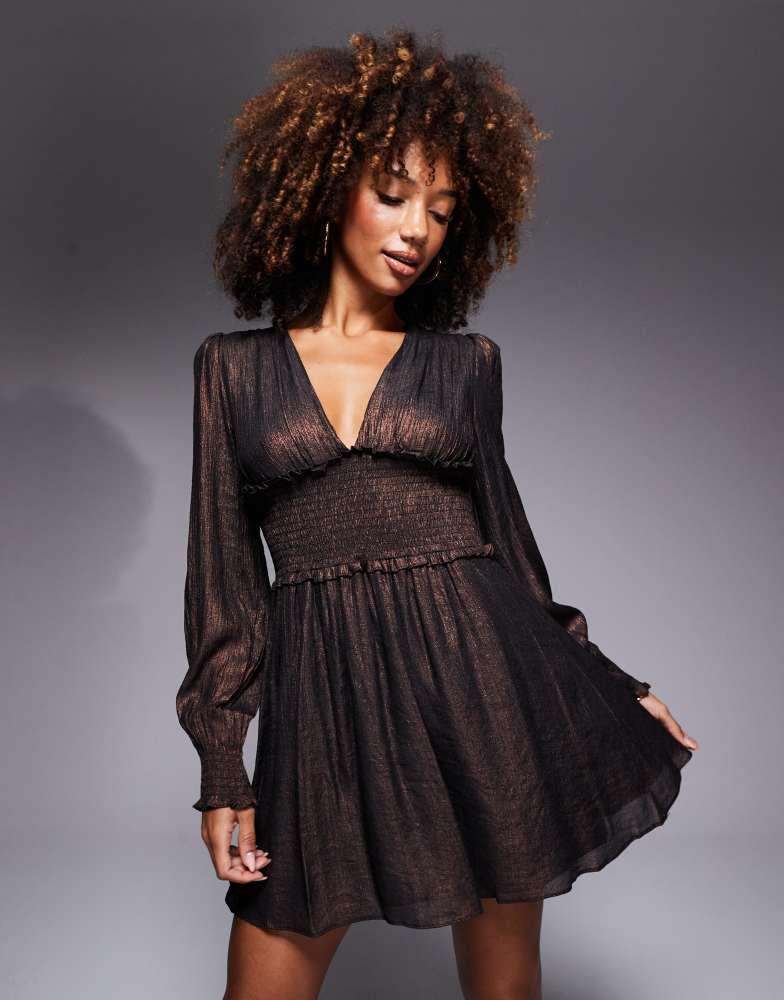 True Decadence True Decadence Smocked waist mini dress in chocolate metallic