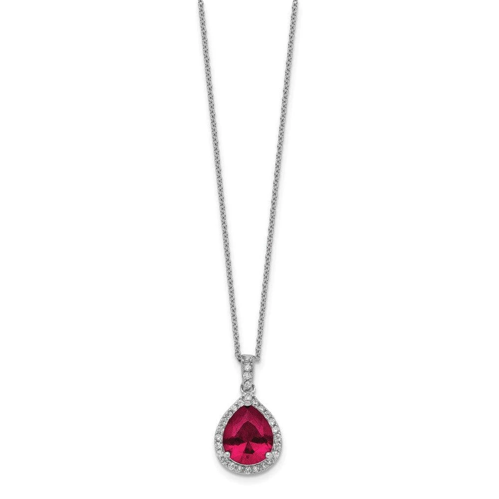 Diamond2Deal Sterling Silver Rhodium-plated Lab Created Ruby and CZ Teardrop Halo Pendant Necklace