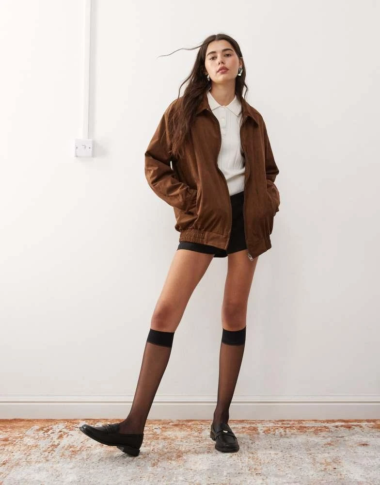 Motel Motel cavita faux suede longline bomber jacket in dark brown 1