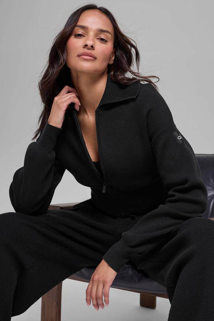 Alo Scholar Knit Cropped Full Zip Jacket - Clover Green