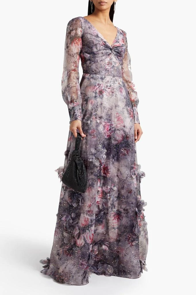 MARCHESA NOTTE Twisted floral-appliquéd printed organza gown 2