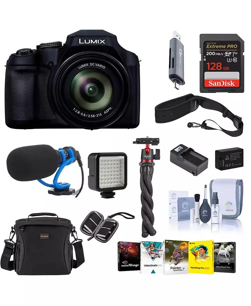 Panasonic LUMIX FZ80D 18.1MP Point
Shoot Digital Camera, Bundle with 128GB Memory Card, Battery, Tripod, Microphone and W49 Light