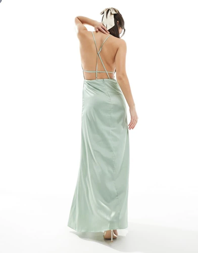TFNC TFNC Bridesmaid satin maxi dress with minimal back detail in sage green 3