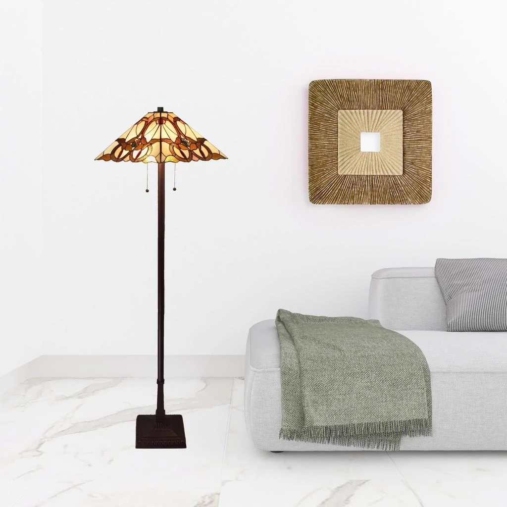 Hivvago 62" Brown Two Lights Traditional Shaped Floor Lamp With Brown And White Stained Glass Cone Shade