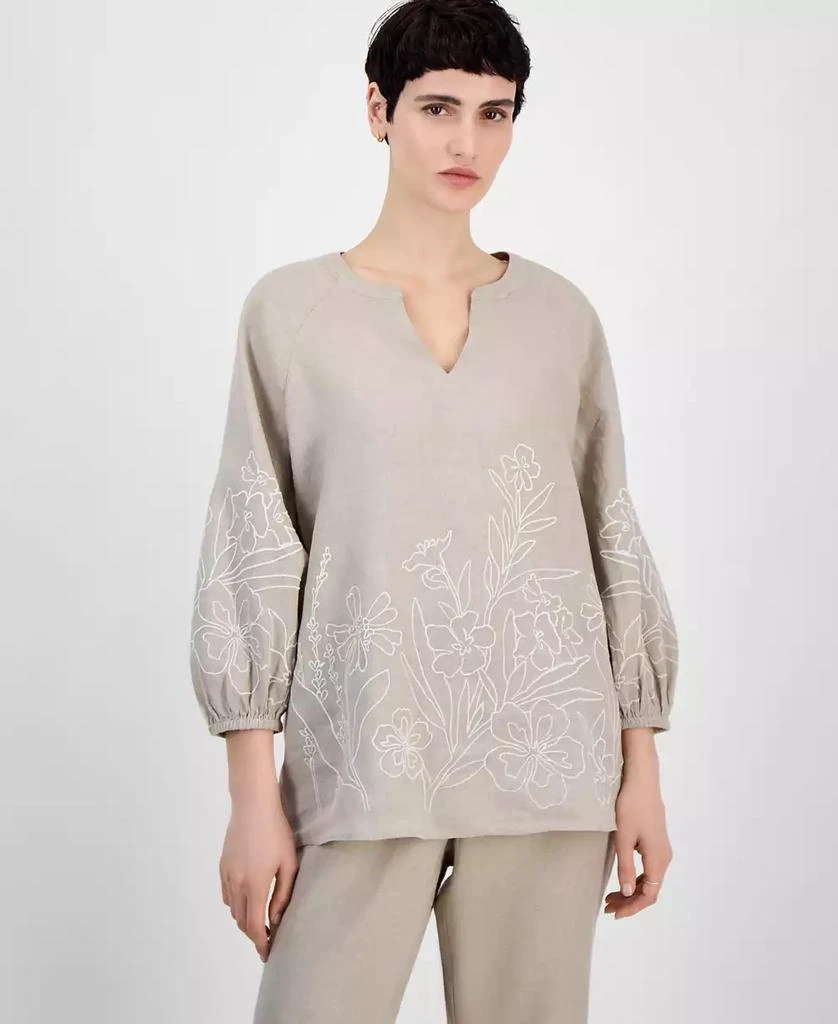 Charter Club Women's Embroidered 100% Linen 3/4-Sleeve Top, Exclusively at Macy's 1