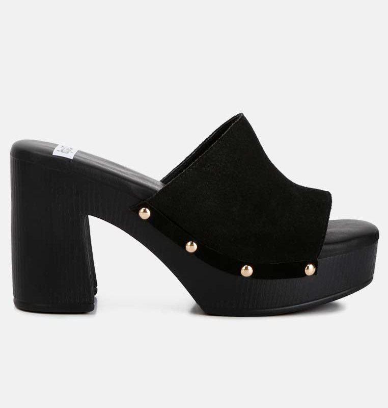Rag & Co Cartera Suede High Block Heel Clogs In Black