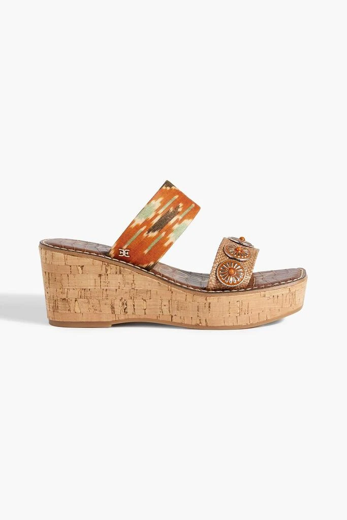 Sam Edelman Abril embellished printed canvas and faux raffia wedge mules 1