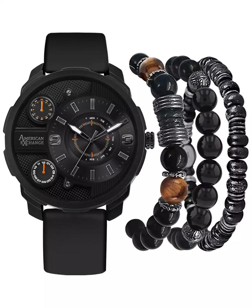 American Exchange Men's Black Rubber Strap Watch 46mm Gift Set
