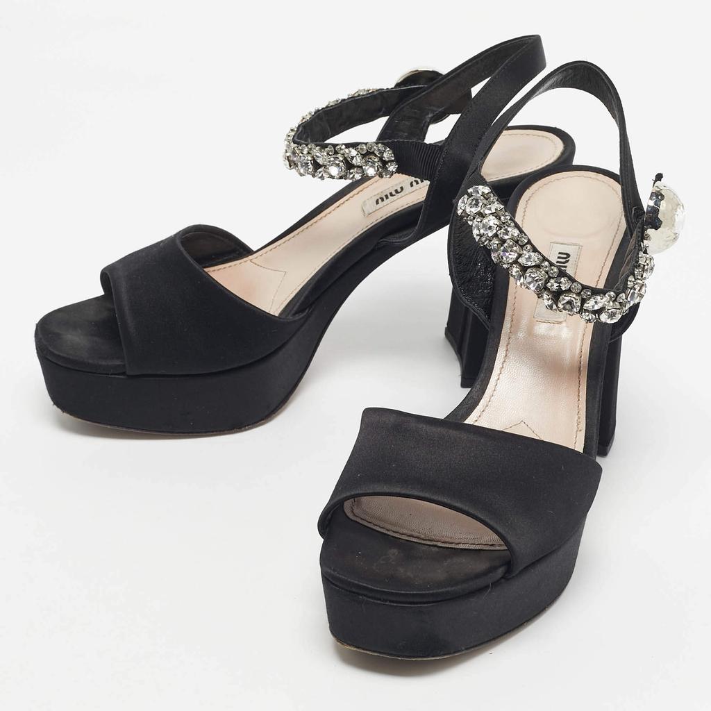 Miu Miu Black Satin Crystal Embellished Platform Ankle-Strap Miu Miu Black Satin Crystal Embellished Platform Ankle-Strap
