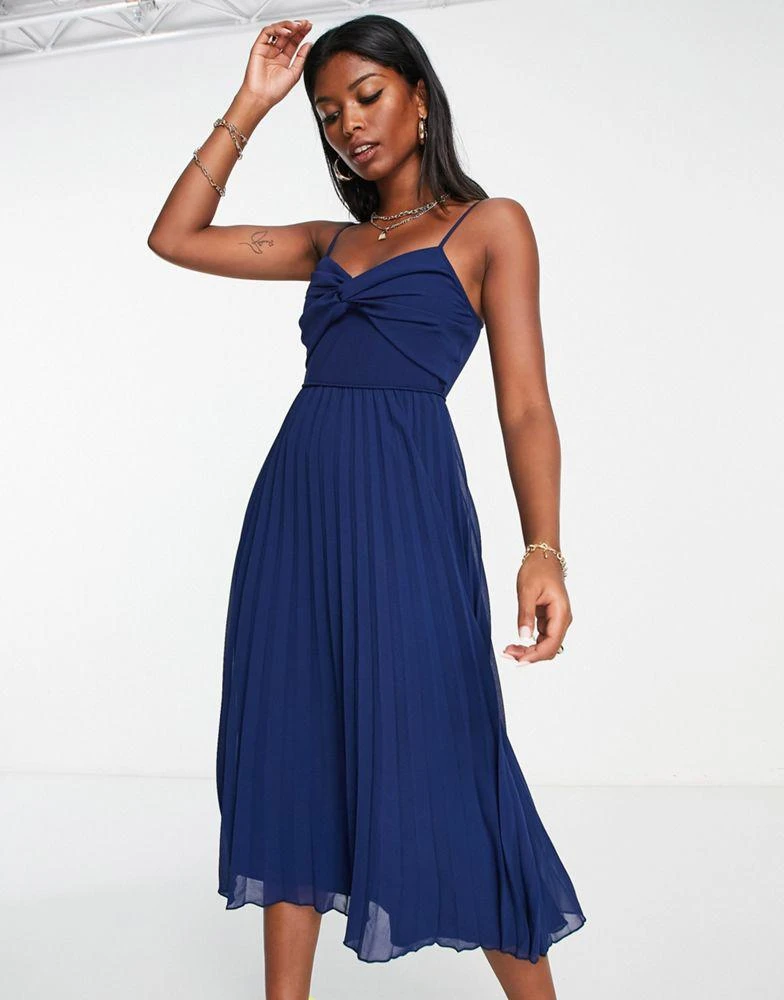 ASOS DESIGN ASOS DESIGN twist front pleated cami midi dress with belt in navy 4