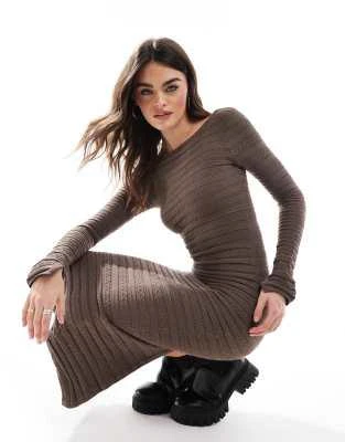 brown textured midi dress Brown Textured Square Neck Puff Sleeve Midi Dress main image 1
