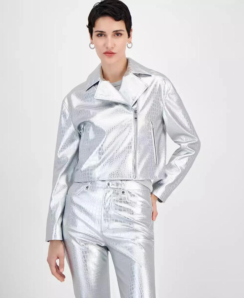 Hugo Boss Women's Metallic Croc-Embossed Moto Jacket 3
