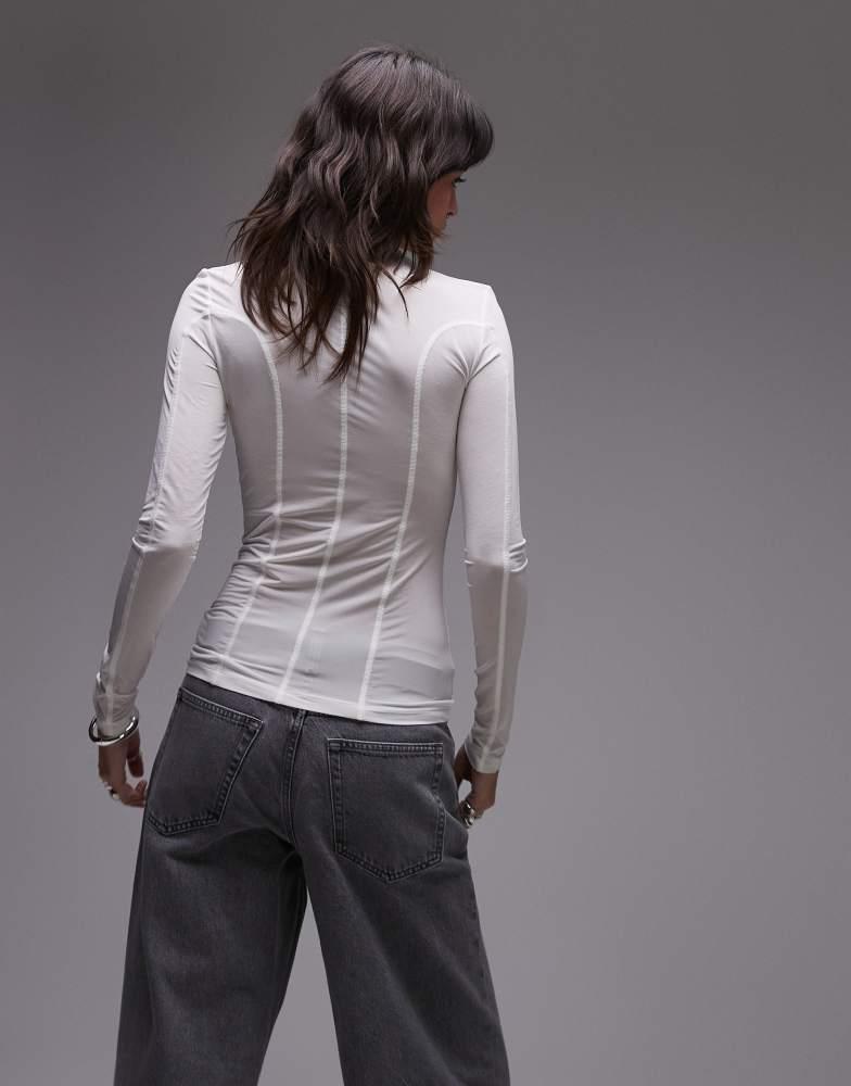 & Other Stories & Other Stories semi sheer jersey top with  mock neck and seam detail in off white