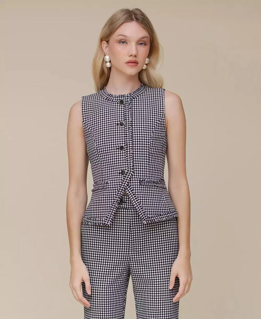 Avec Les Filles Women's Checked Fringed Cutaway Vest 1