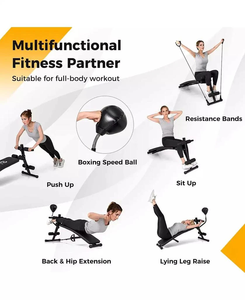 Costway Adjustable Decline Sit-Up Bench for Home Gym with Speed Ball and Resistance Bands 4