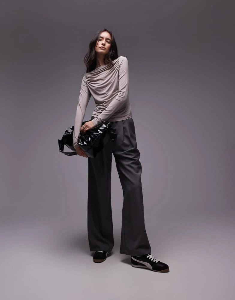& Other Stories & Other Stories ruche boat neck top with long sleeves in beige 3