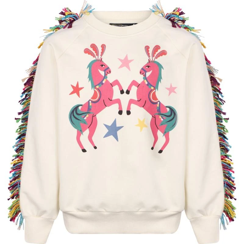 Rock Your Baby Horses parade print sweatshirt with rainbow fringing in cream 2