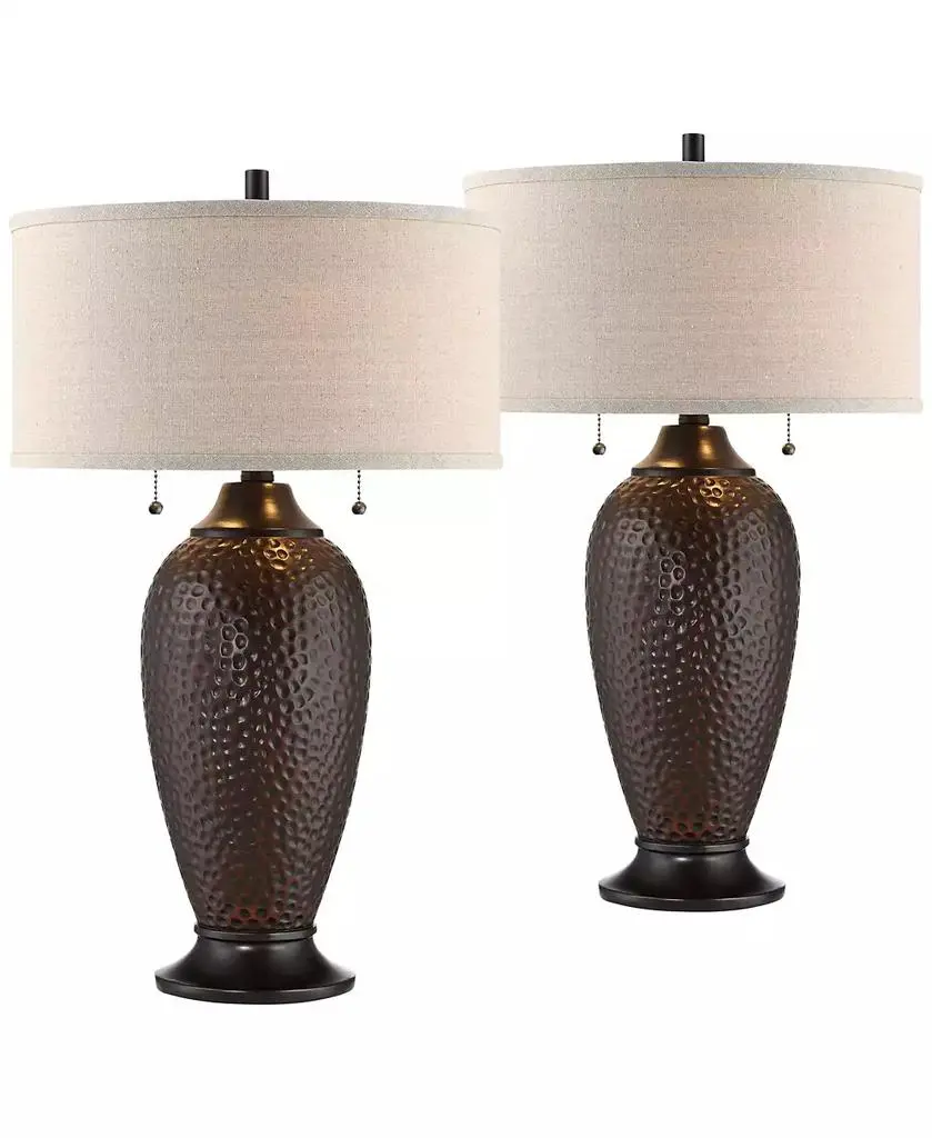 360 Lighting Cody Rustic Farmhouse Table Lamps 26" High Set of 2 Hammered Oiled Bronze with Table Top Dimmers Oatmeal Shade for Bedroom Living Room