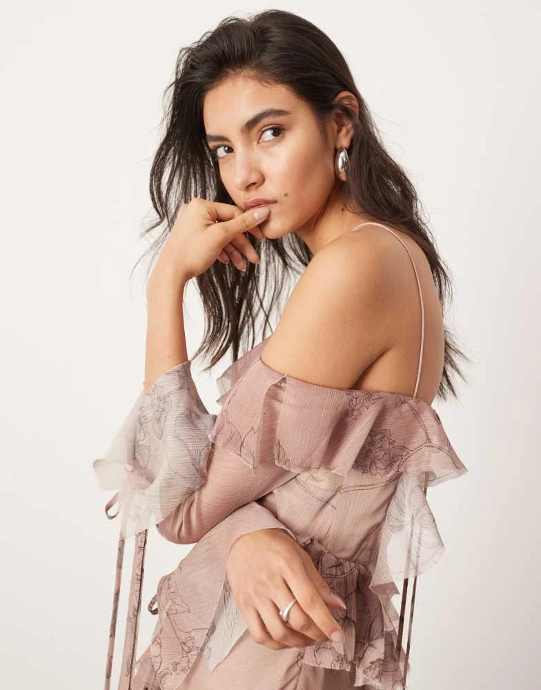 ASOS ASOS EDITION chiffon halter cold shoulder raw edge ruffle maxi dress in blush floral print 4