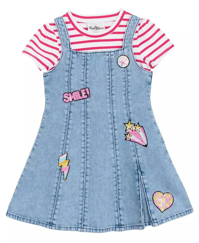 Rare Editions Toddler and Little Girls 2-Piece Stripe T-Shirt and Denim Jumper Dress Set 1