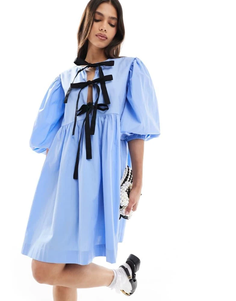 ASOS ASOS DESIGN bow tie front mini smock dress in sky blue 1