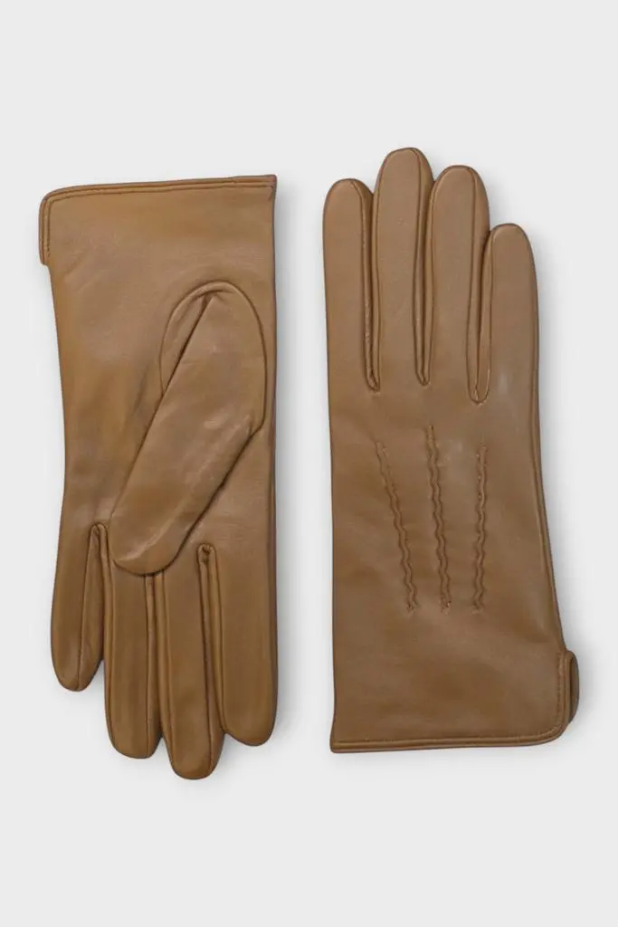 Infinity Leather Womens Tan Brown Italian Leather Soft Wool Lining Winter Stitch Line Design Driving Gloves