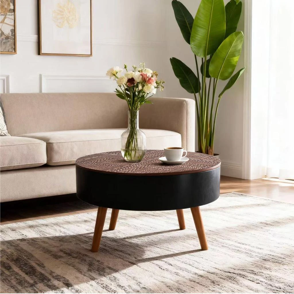 Streamdale Furniture Streamdale 31.5" Round Coffee Table with Storage 
Engraved Top 3