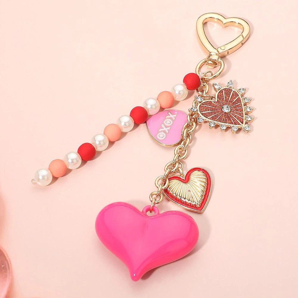 FASHNZFAB Heart Charm Embellished Pearl Beaded Accent Drop Keychain Bag Charm