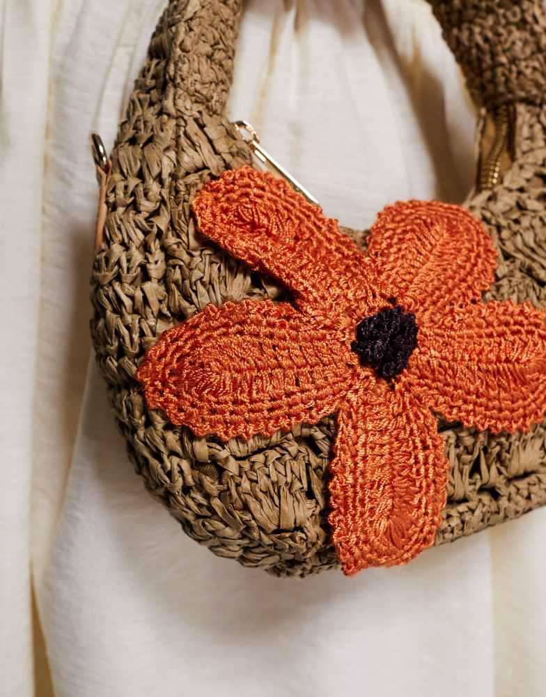River Island River Island raffia shoulder bag with flower detail in beige