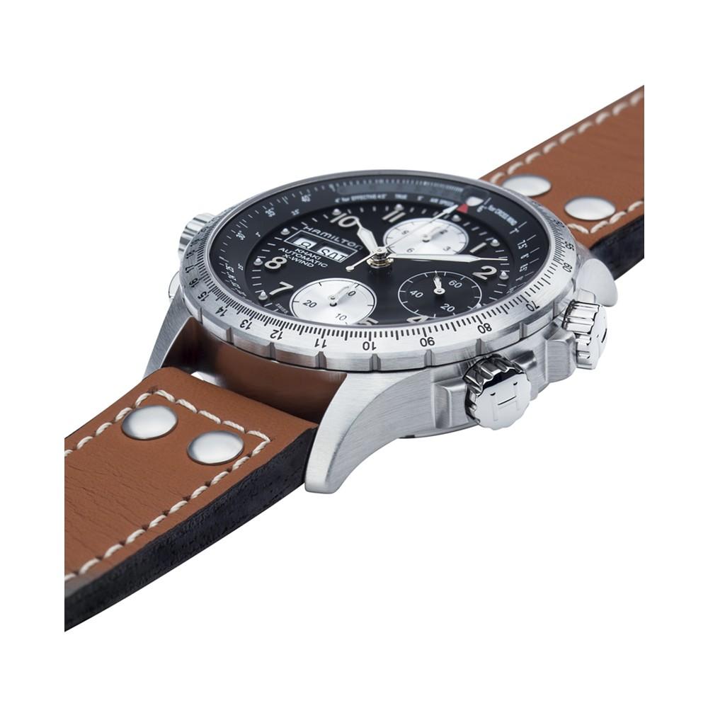 Hamilton Watch, Men's Swiss Automatic Chronograph Khaki X-Wind Brown Leather Strap 44mm H77616533