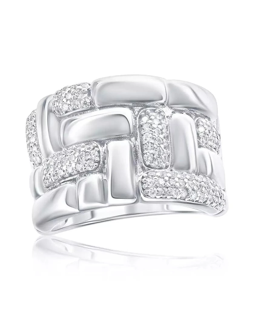 Suzy Levian New York Pave Cubic Zirconia Silver Puff Woven Motif Extra Wide Band Ring 3