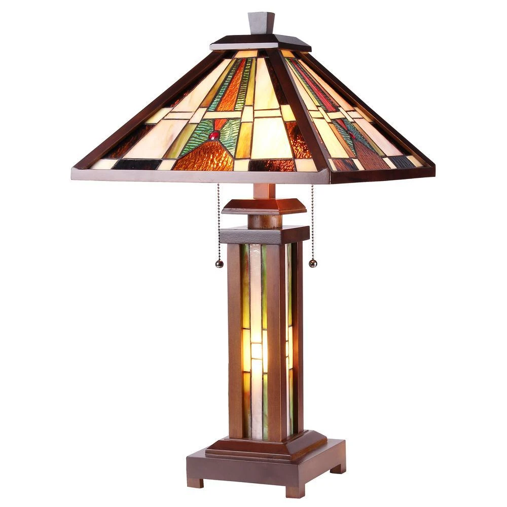 ChloeLighting PERCIVAL Tiffany-style Mission 3 Light Double Lit Wooden Table Lamp 15" Shade