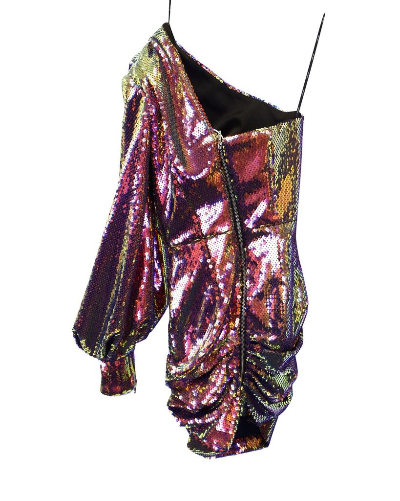 Alex Perry Sequined One Shoulder Ruched Mini Dress in Multicolor Polyester