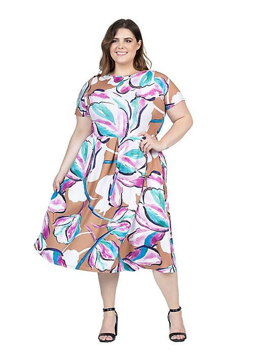 24seven Comfort Apparel Comfort Apparel Plus Size Abstract Floral Short Sleeve Pleated Flare Midi Pocket Dress 1