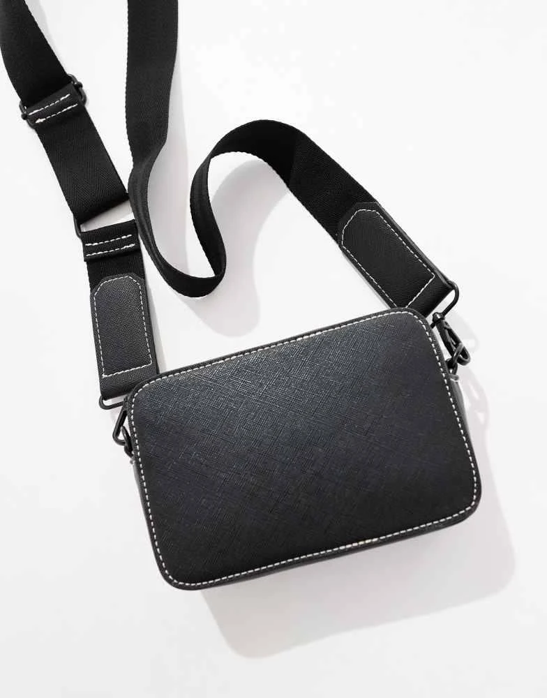 ASOS ASOS DESIGN faux leather cross body camera bag in black with contrast stitch 4