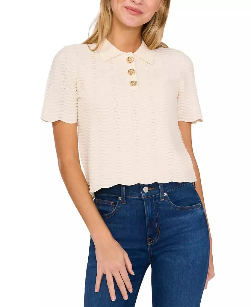 CeCe Women's Scalloped Jewel-Button Short-Sleeve Sweater 1