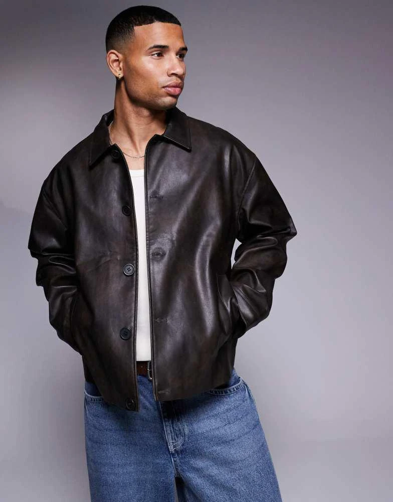 ASOS ASOS DESIGN faux leather harrington jacket in black wash 1