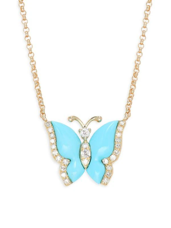Effy 14K Yellow Gold, Turquoise & 0.11 TCW Diamond Butterfly Pendant Necklace 1