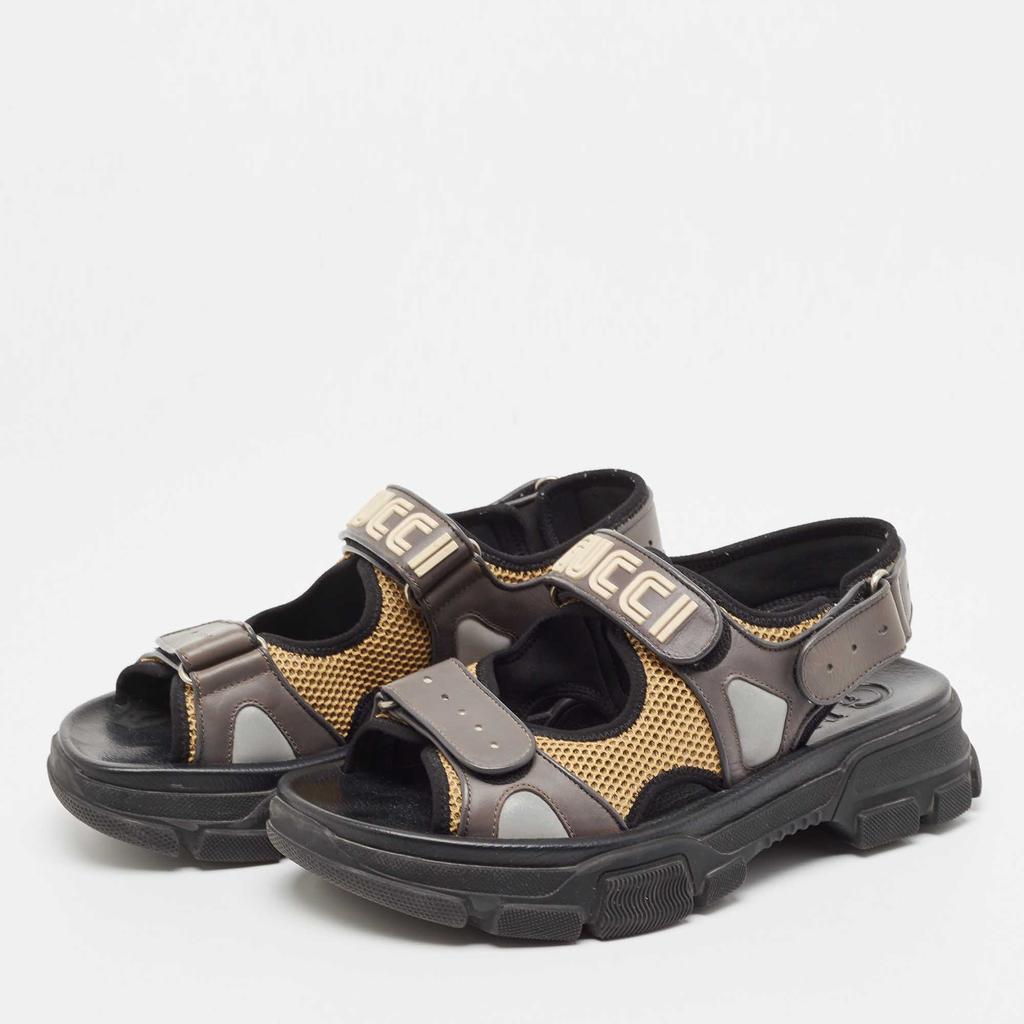 Gucci Gucci Grey/Beige Mesh and Leather Logo Sandals Size 41.5
