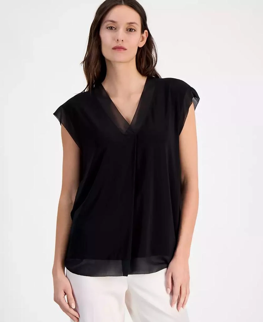 Anne Klein Women's Extended-Shoulder Mixed-Media Top 1