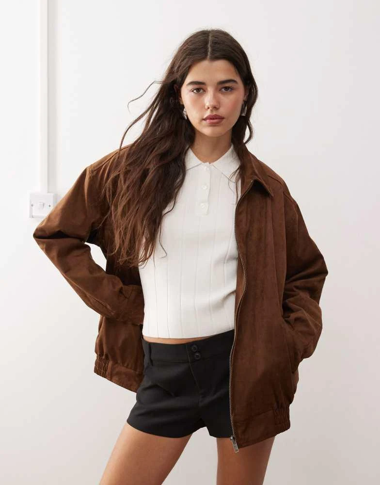 Motel Motel cavita faux suede longline bomber jacket in dark brown 4