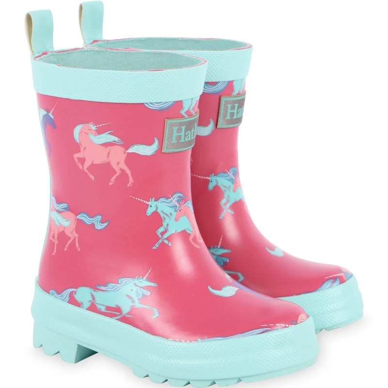 Hatley Frolicking unicorns print rain boots in pink and light blue 1