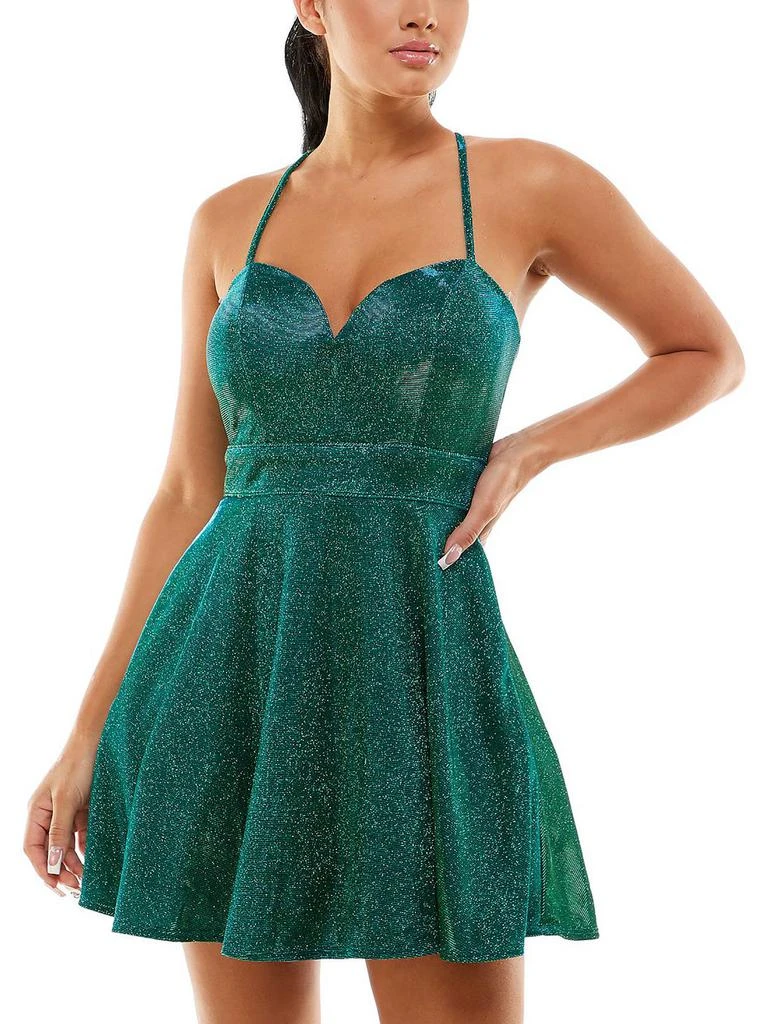 Crystal Doll Juniors Womens Glitter Sweetheart Neck Mini Dress 1