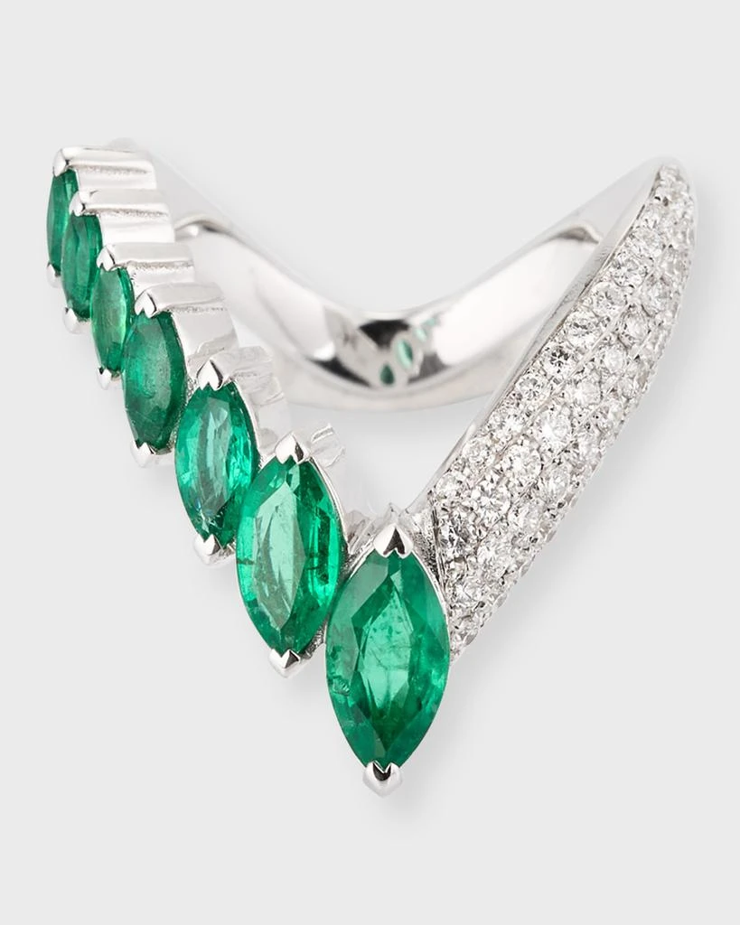 Nikos Koulis 18K White Gold Oui Ring with Marquise Emeralds and Pave White Diamonds 6