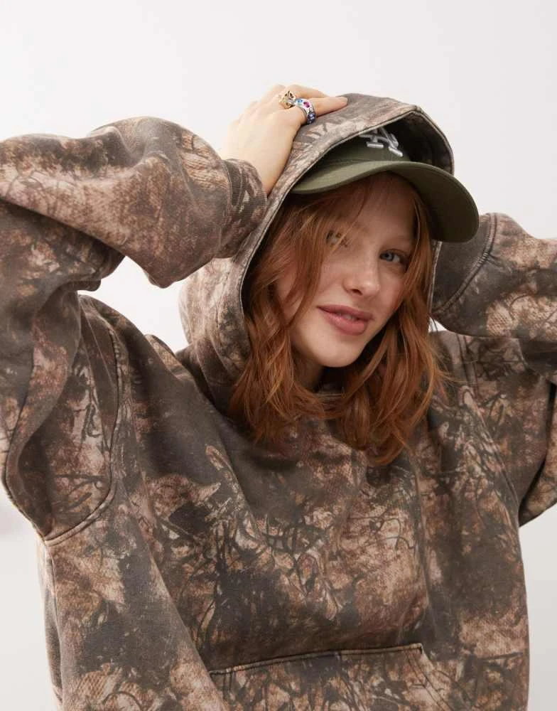 Weekday Weekday Carla co-ord oversized hoodie with distressed tie dye print in khaki 1