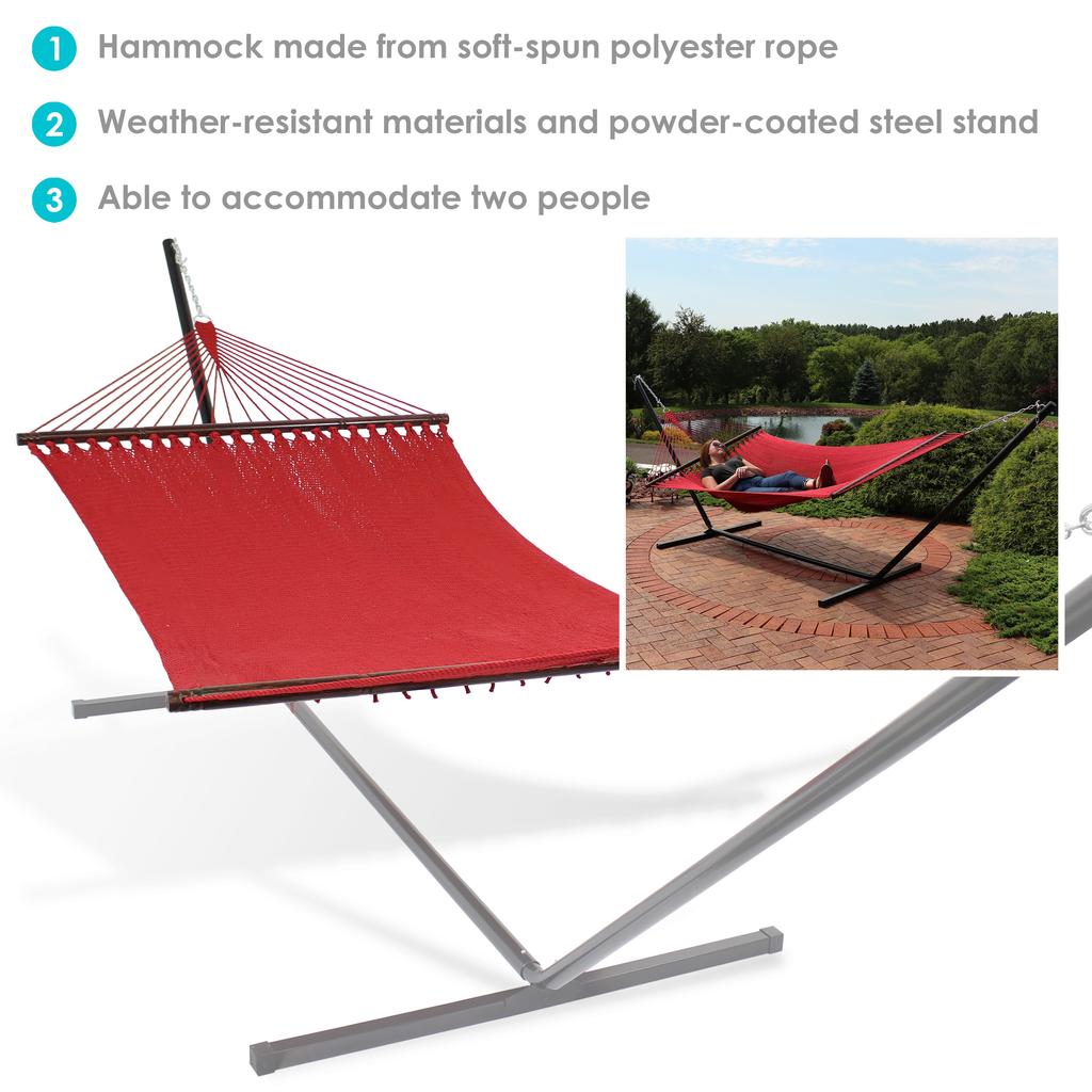 Sunnydaze Outdoor 2-Person Double Polyester Rope Hammock with Wood Spreader Bar and 15ft Black Steel Stand