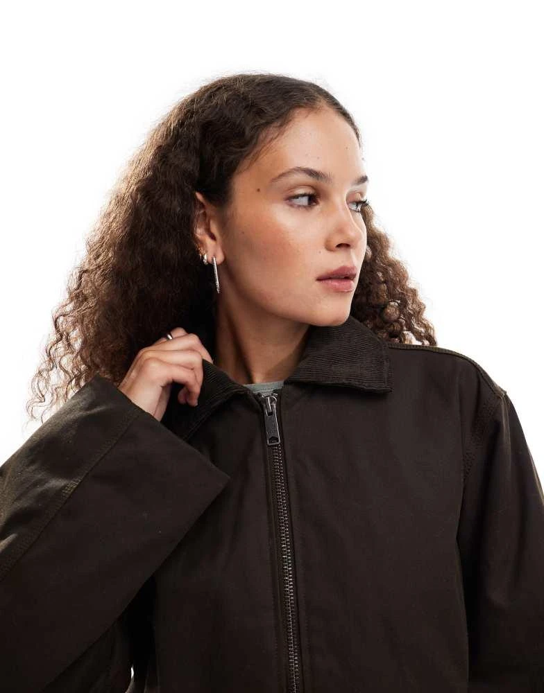 Weekday Weekday wax coated barn jacket in dark brown with contrast cord collar 3