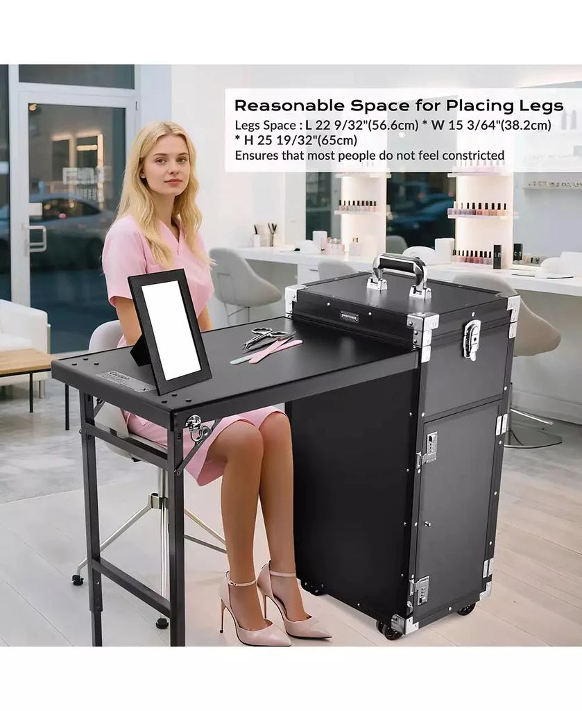 Byootique Aluminum Rolling Nail Table with Train Case Cosmetic Organizer Black 2